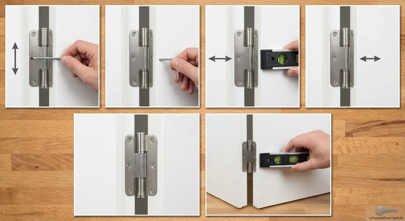Handwerksteller beim Einstellen eines 3D-Türbandes mit Inbusschlüssel an einer Innentür