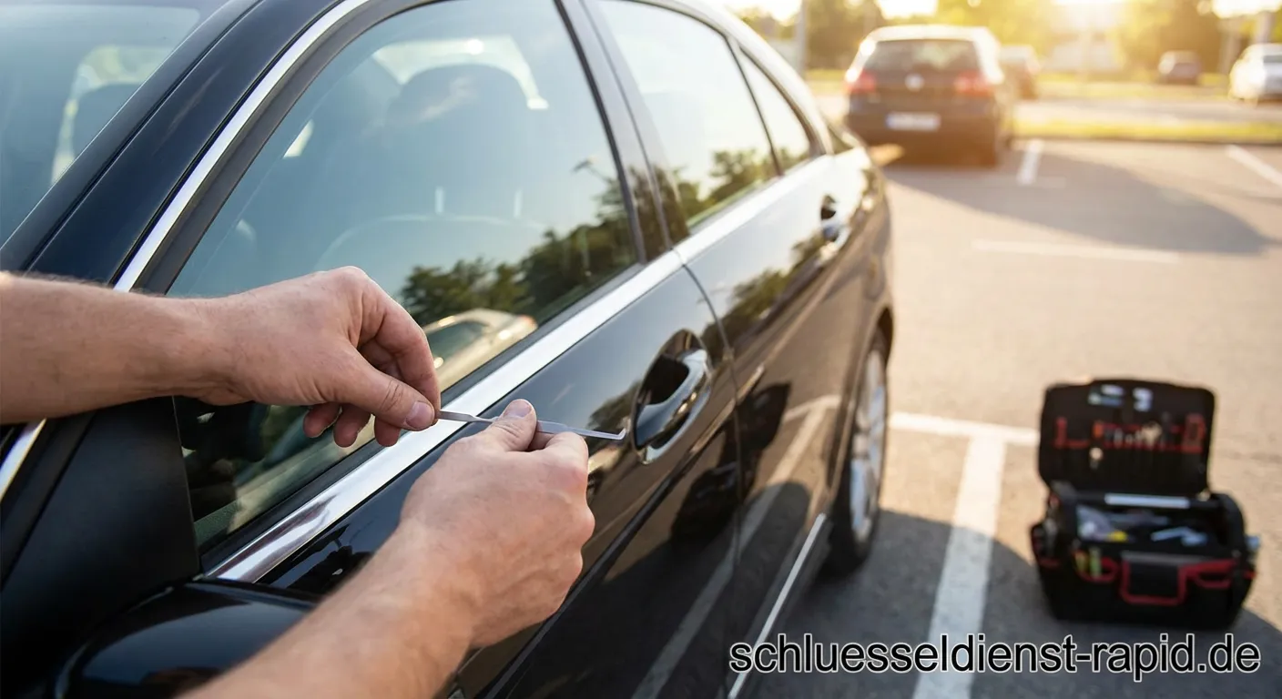 Ein Fachmann verwendet Spezialwerkzeug für die Autoöffnung ohne Schlüssel an einem Mercedes
