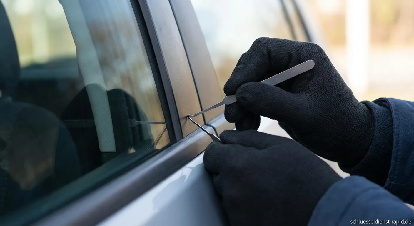 Techniker wendet Lockpicking Tool an einer Autotür an