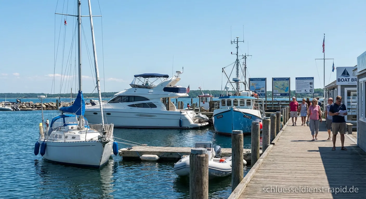 Verschiedene Boote und Yachten liegen bei sonnigem Wetter in einem modernen Yachthafen