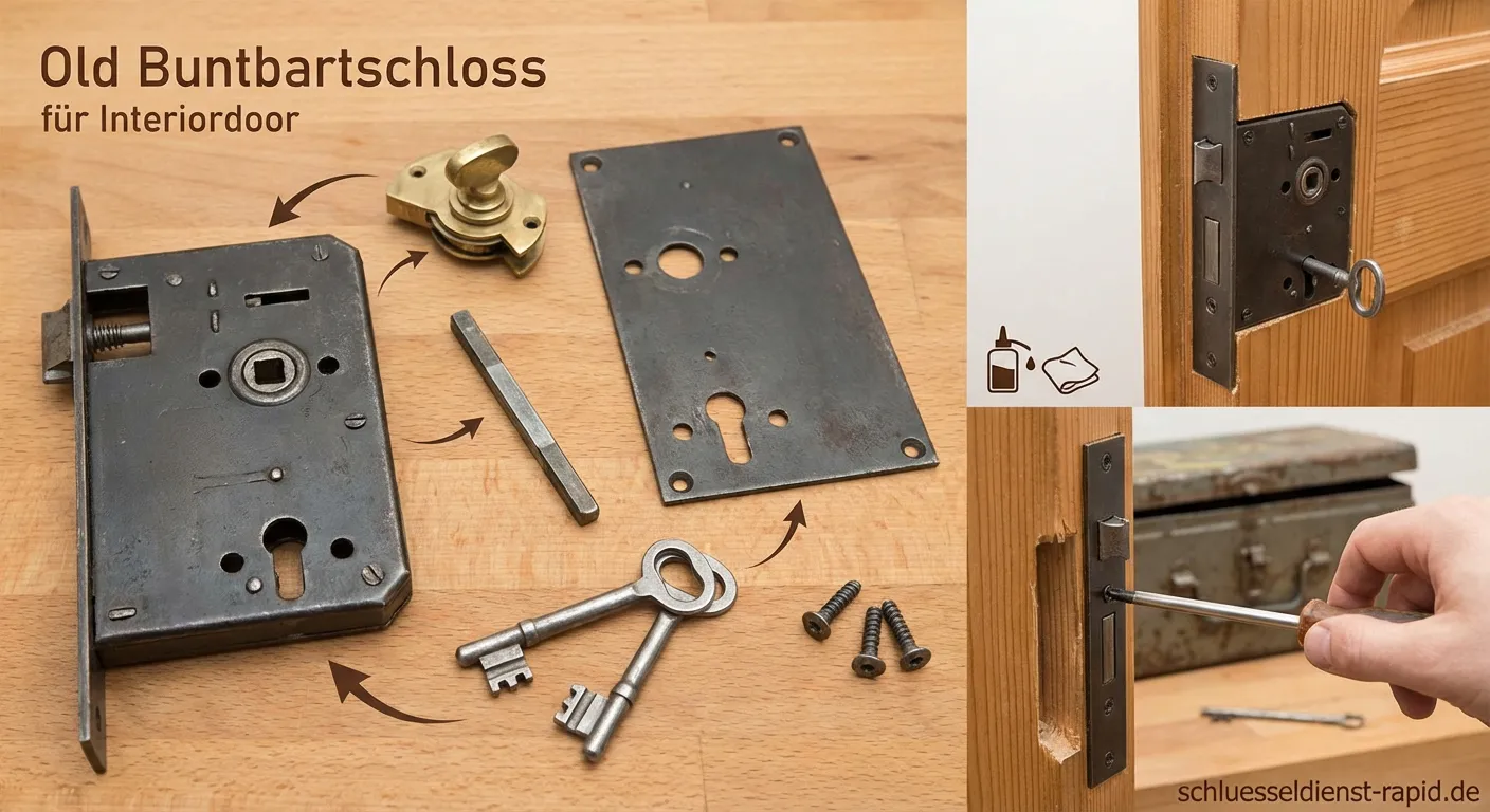 Einsteckschloss mit Buntbart-Lochung und Schlüssel auf Holztisch