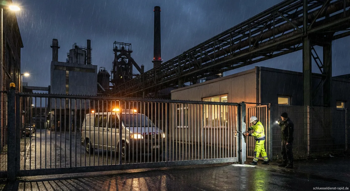 Techniker vom Duisburg Industriegebiet Schlüsseldienst repariert Sicherheitsschloss an einer Firmentür