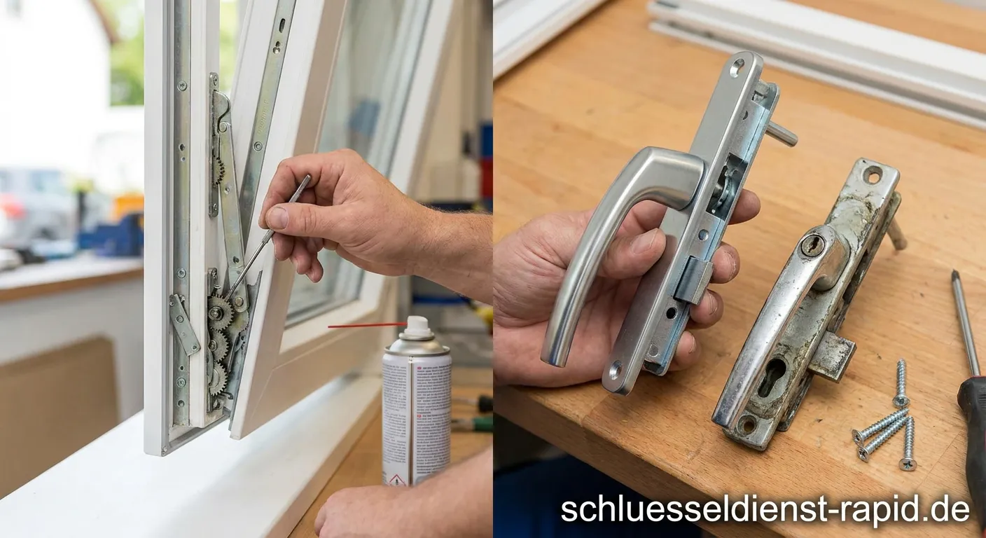 Detailansicht von einem robusten Fensterbeschlag aus Metall an einem geöffneten Kunststofffenster