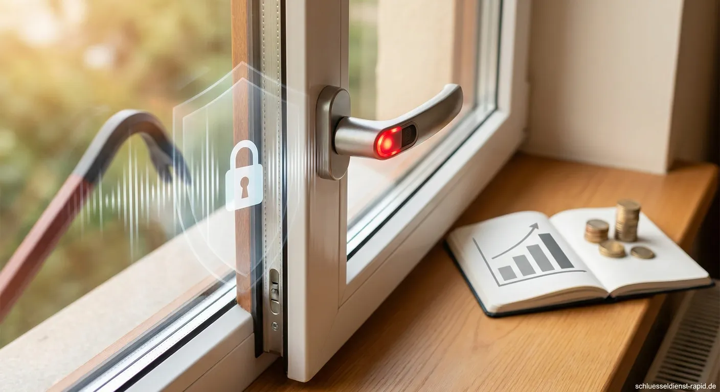 Fenstergriff mit Alarm an einem Hausfenster installiert