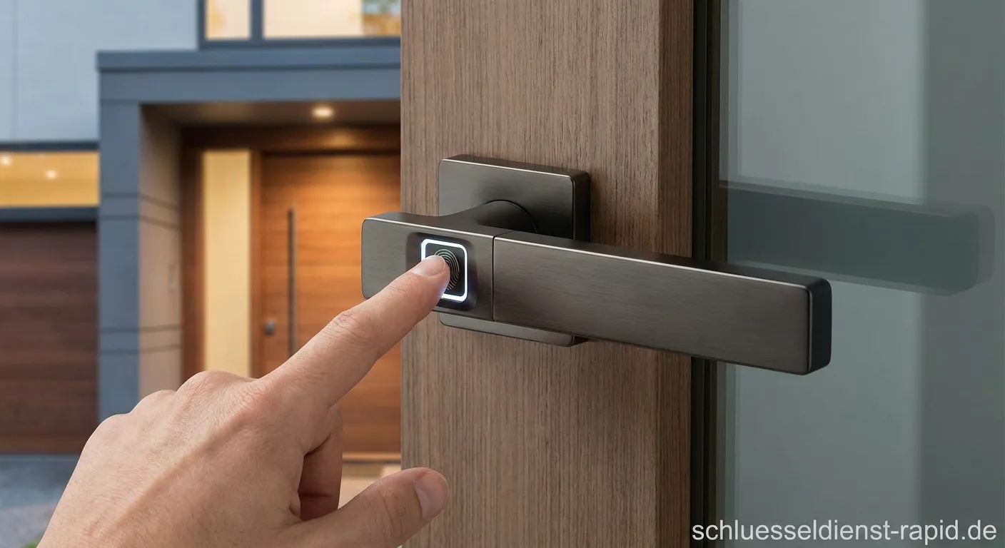 Fingerprint Sensor an einer modernen Haustür zur biometrischen Zutrittskontrolle
