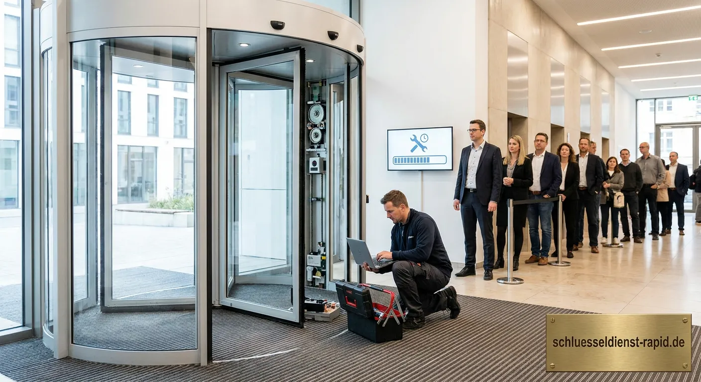 Techniker wartet eine professionelle Karusselltür in einem Bürogebäude