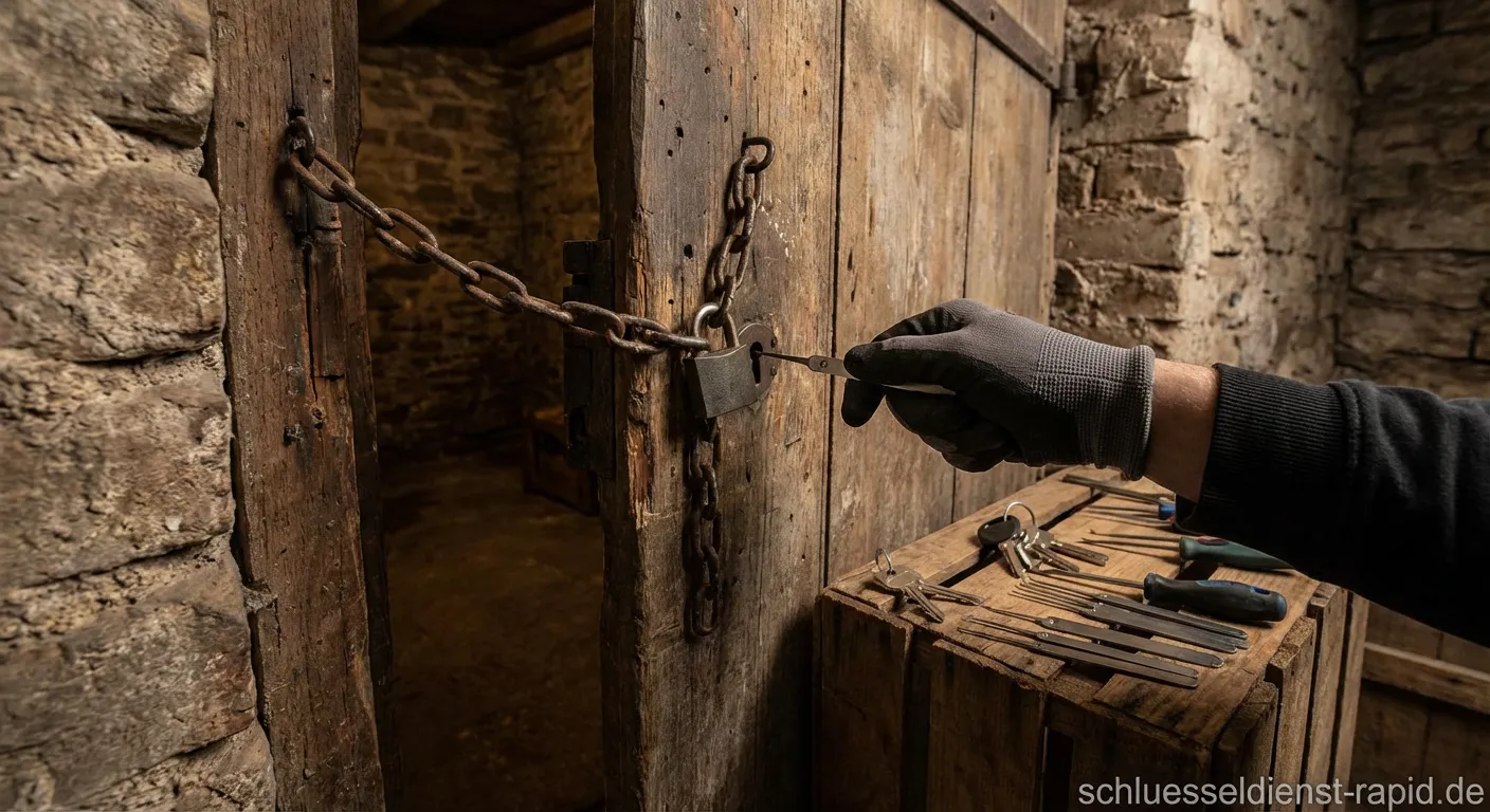Eine verschlossene Kellertür aus Holz in einem alten Kellergang.