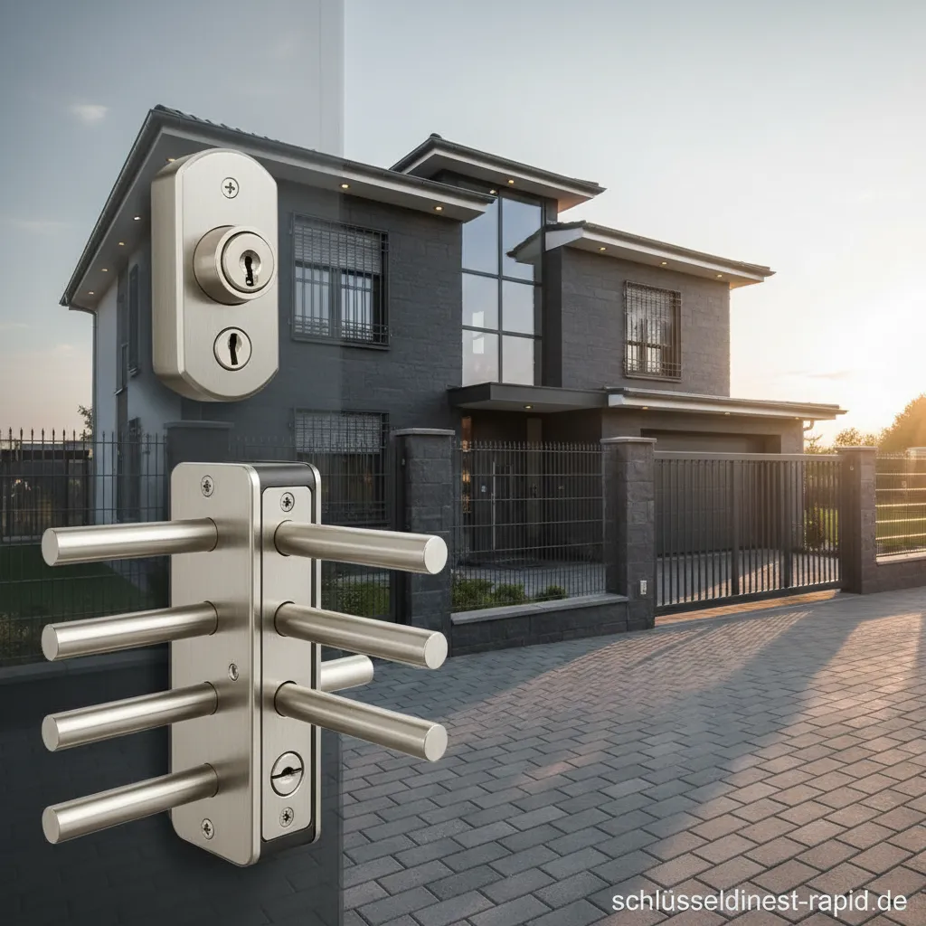 Verschiedene Elemente des mechanischen Grundschutzes: Fenstersicherung, Türschloss, Panzerriegel