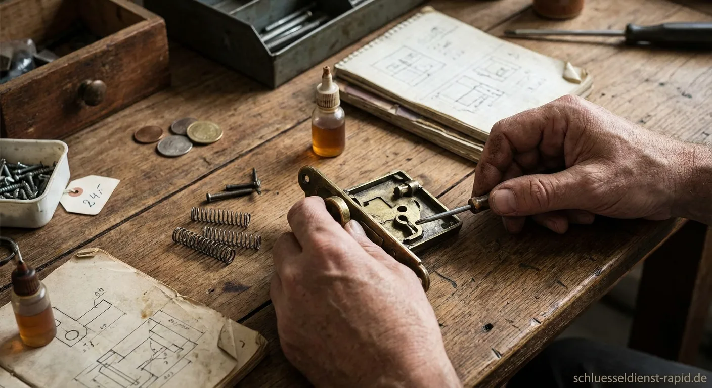 Nahaufnahme eines Handwerkers, der ein altes Möbelschloss mit einem Schraubendreher repariert
