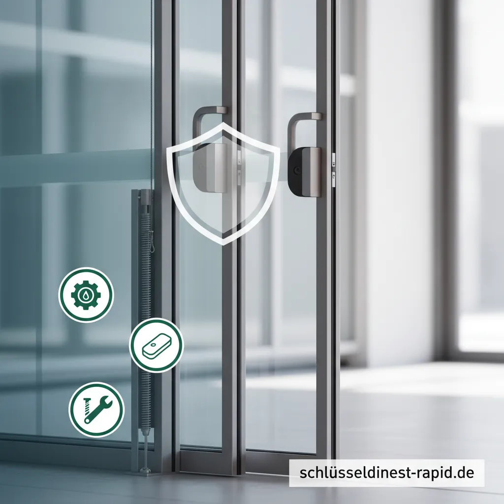 Eine moderne Pendeltür aus Glas, die durch einen Rammschutz geschützt wird.