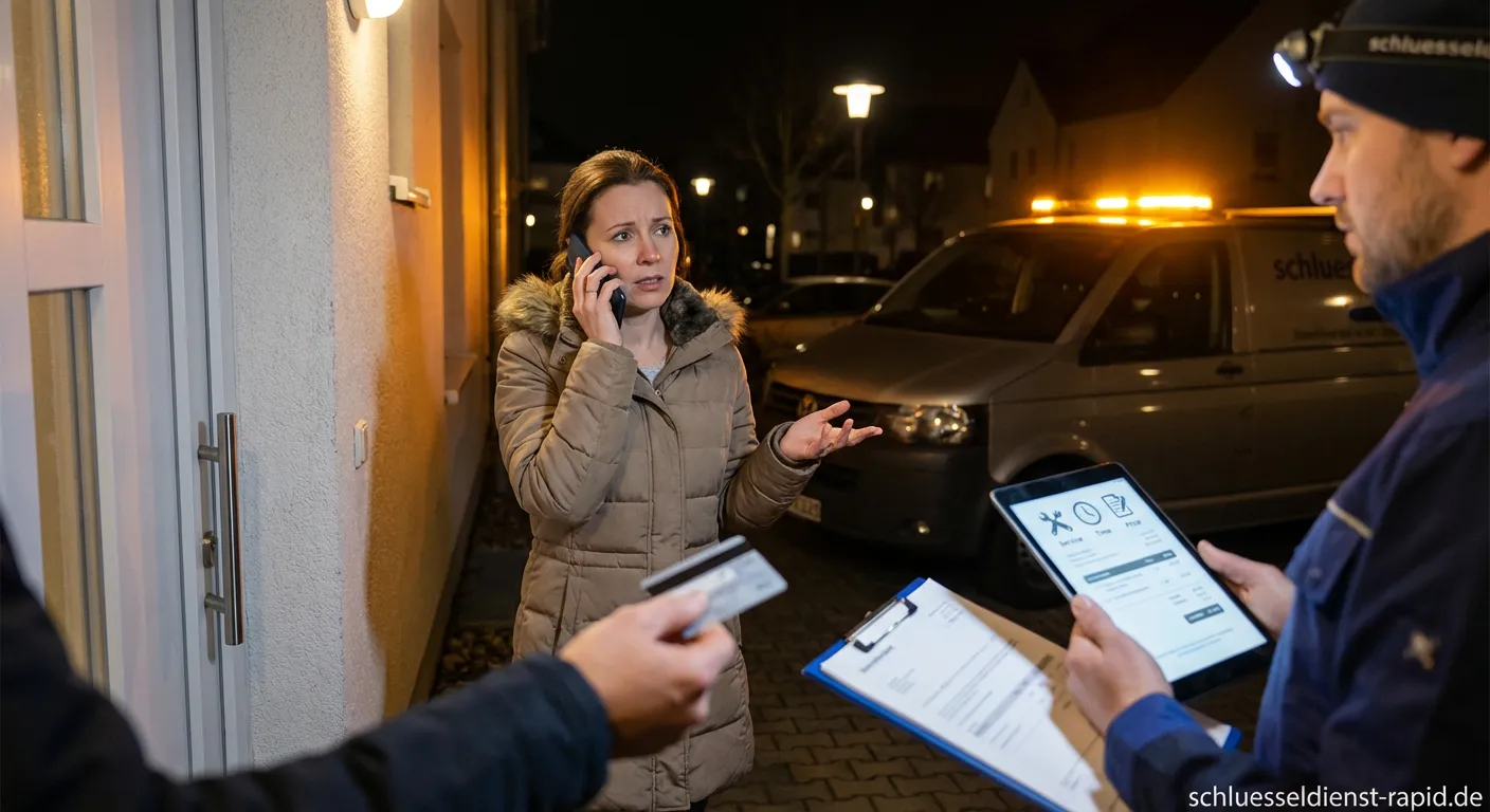 Person telefoniert nachts mit einem Schlüsseldienst bei verschlossener Tür