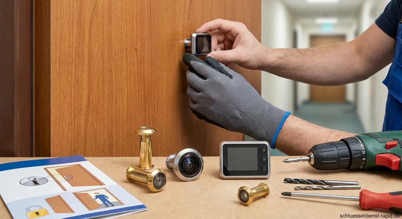 Digitaler Türspion mit Display und Kamera an einer modernen Wohnungstür