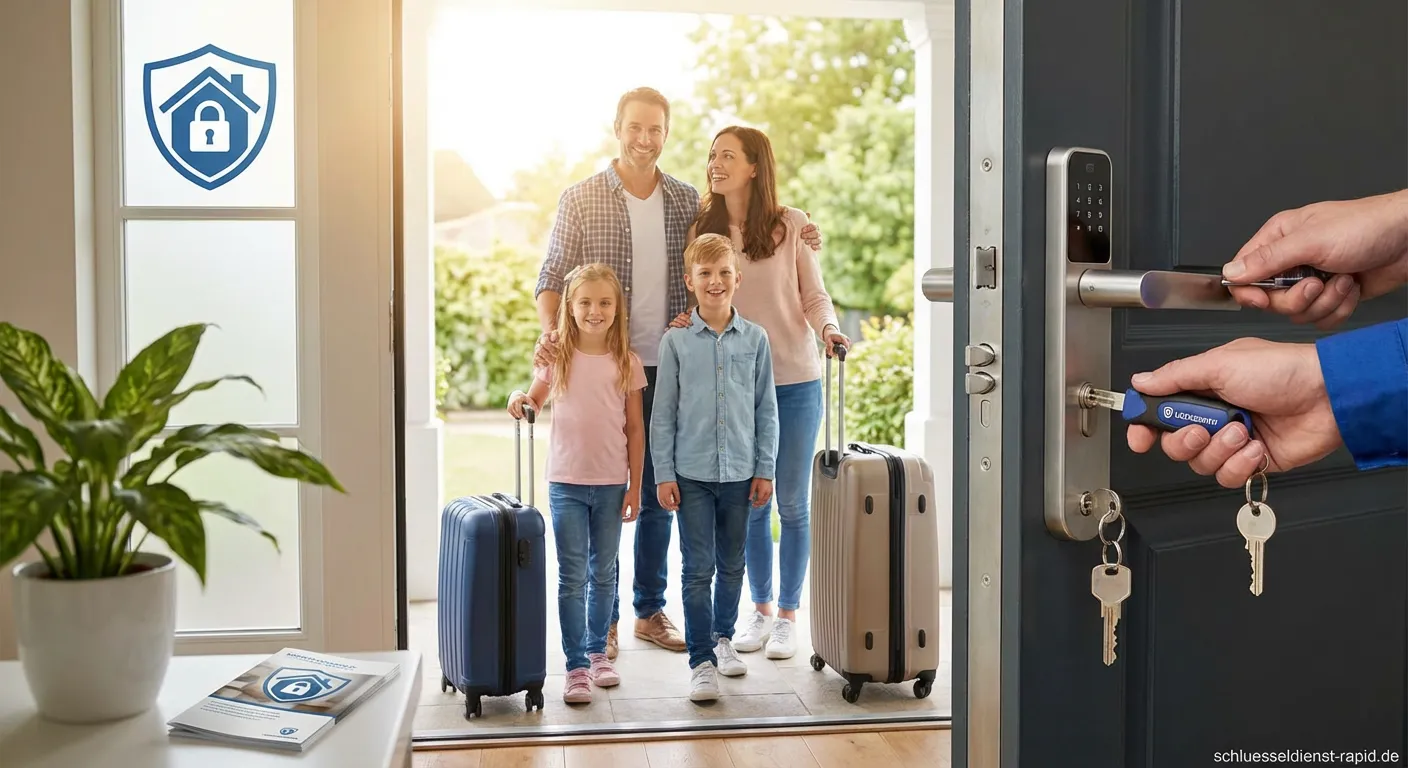 Schlüsseldienst prüft Türschloss im Rahmen des Urlaubsservice