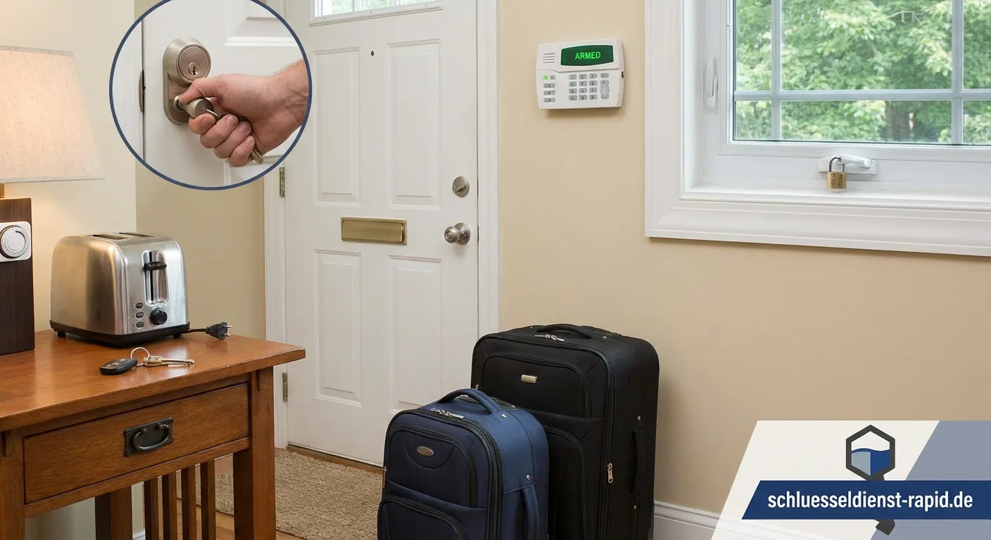 Hand schließt Haustür ab als Teil der Verhaltensregeln bei Abwesenheit