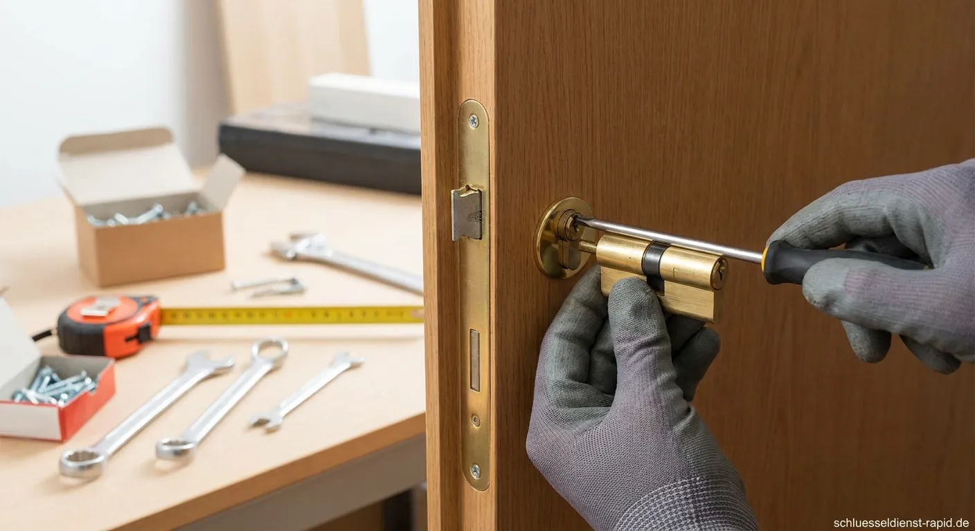 Handwerker führt professionellen Zylindereinbau durch